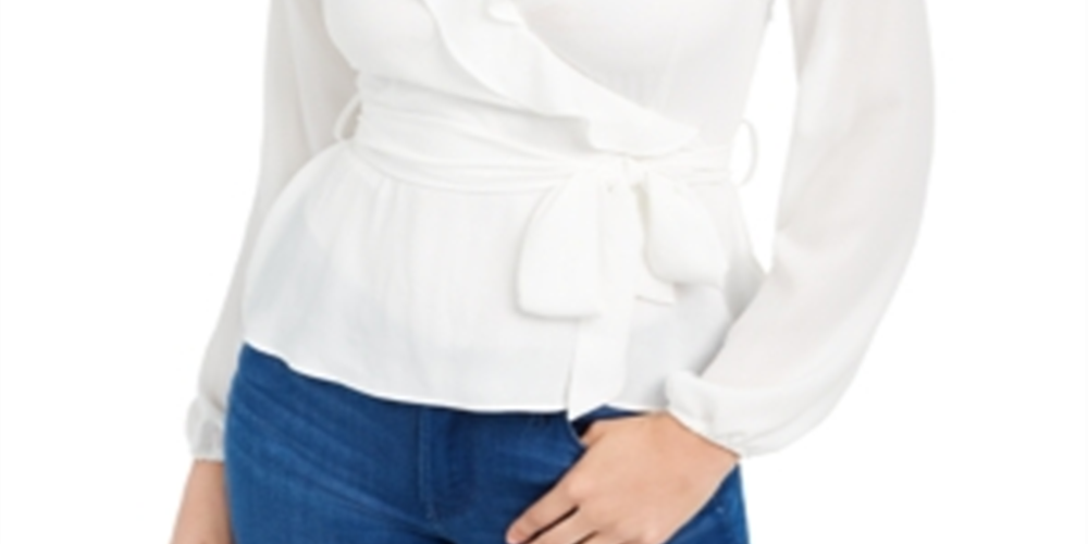 Blusa feminina com babados e mangas compridas, tamanho grande, branca, Q&amp;A