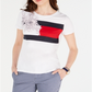 Camiseta feminina Tommy Hilfiger de algodão com estampa floral e bandeira, branca, tamanho X-G