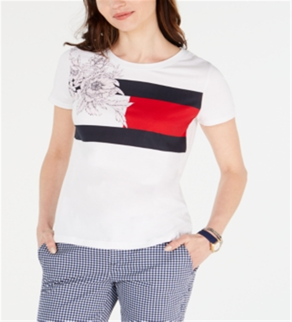 Camiseta feminina Tommy Hilfiger de algodão com estampa floral e bandeira, branca, tamanho X-G
