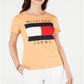 Camiseta Tommy Hilfiger Feminina de Algodão com Logotipo Bordado Laranja Tamanho Grande