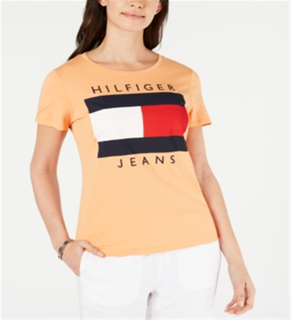 Camiseta Tommy Hilfiger Feminina de Algodão com Logotipo Bordado Laranja Tamanho Grande