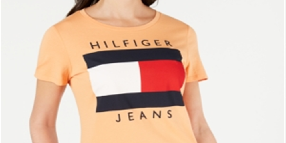 Camiseta Tommy Hilfiger Feminina de Algodão com Logotipo Bordado Laranja Tamanho Grande