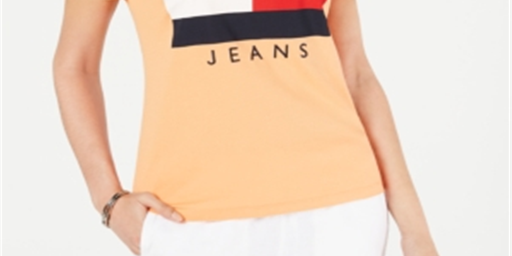 Camiseta Tommy Hilfiger Feminina de Algodão com Logotipo Bordado Laranja Tamanho Grande