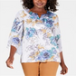 JM Collection Top estampado feminino com tachas, azul, tamanho médio