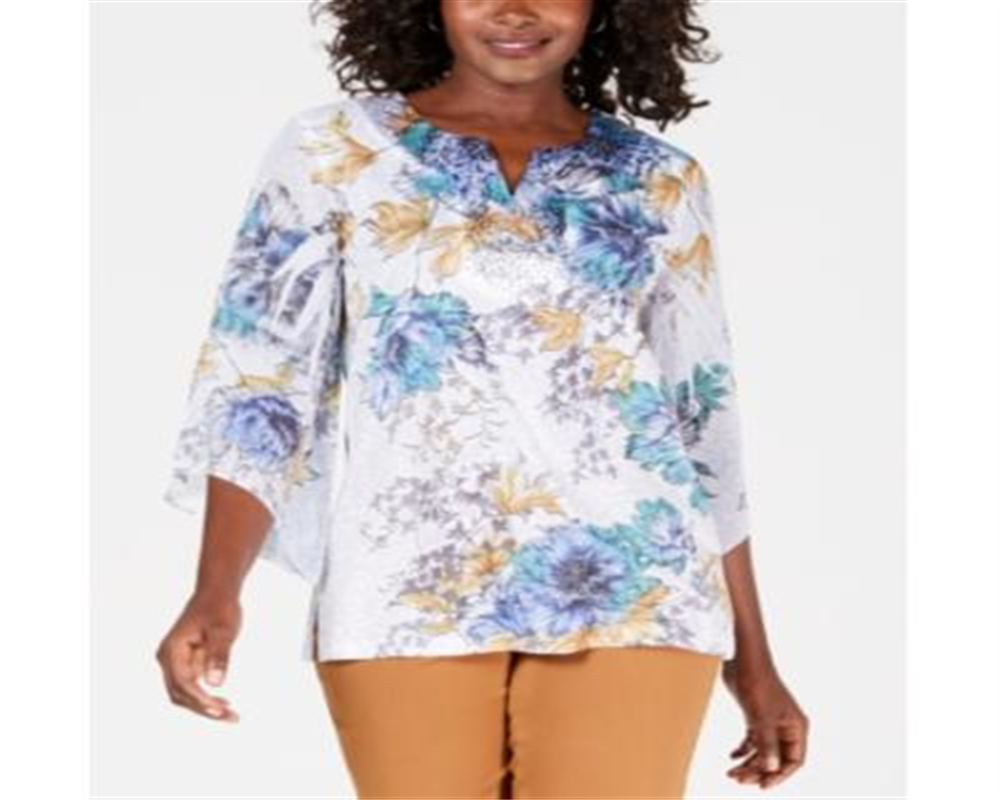 JM Collection Top estampado feminino com tachas, azul, tamanho médio