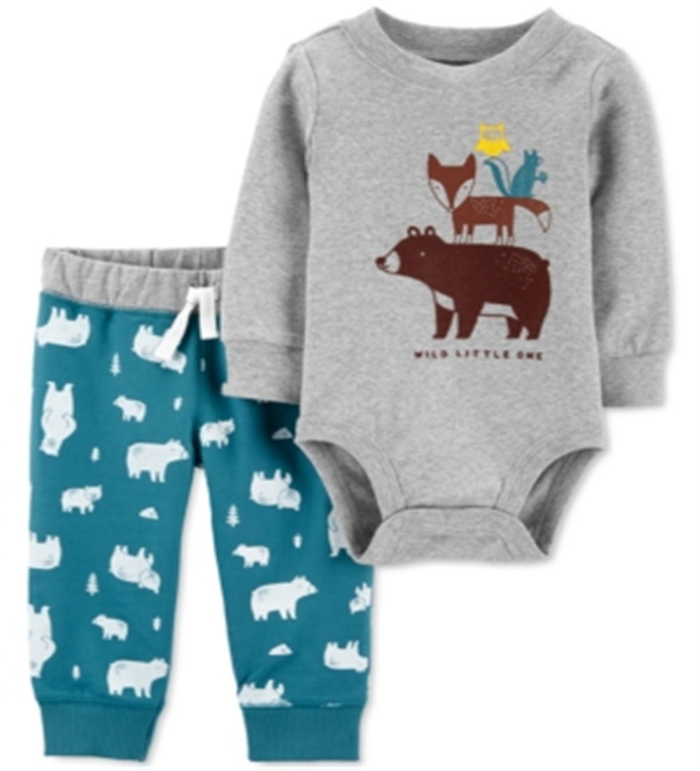 Conjunto de macacão e calça jogger Carter's Baby Boy, 2 peças, algodão, Woodland Creatures, cinza, tamanho 9MOS