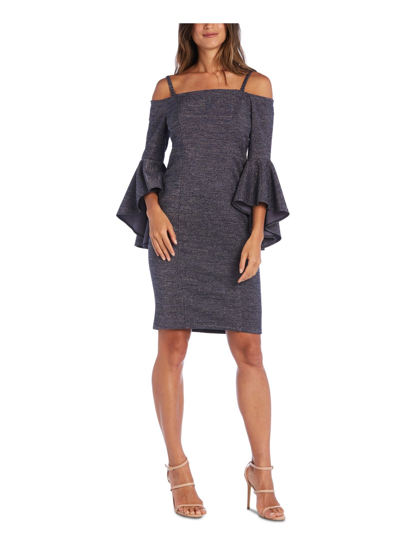 Vestido de coquetel feminino R &amp; M Richards com manga sino, decote quadrado e bainha acima do joelho, azul, tamanho 12 pequeno