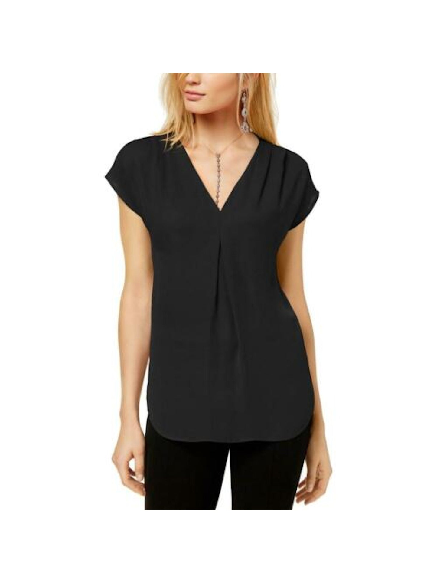 Blusa feminina com manga curta e decote em V da INC International Concepts, preta, tamanho grande
