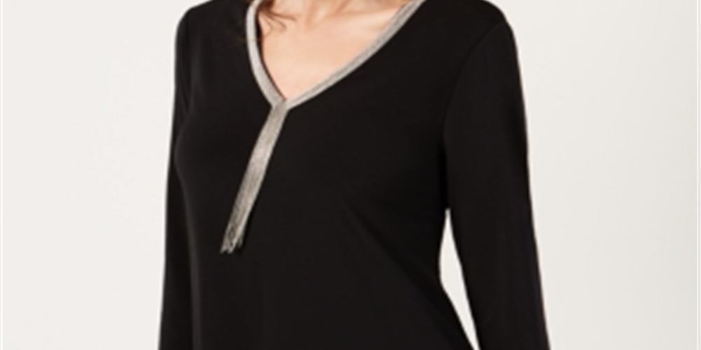 Túnica feminina com decote em V e contas, preta, tamanho extrapequeno, da coleção JM