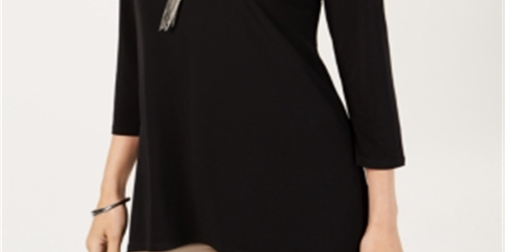 Túnica feminina com decote em V e contas, preta, tamanho extrapequeno, da coleção JM