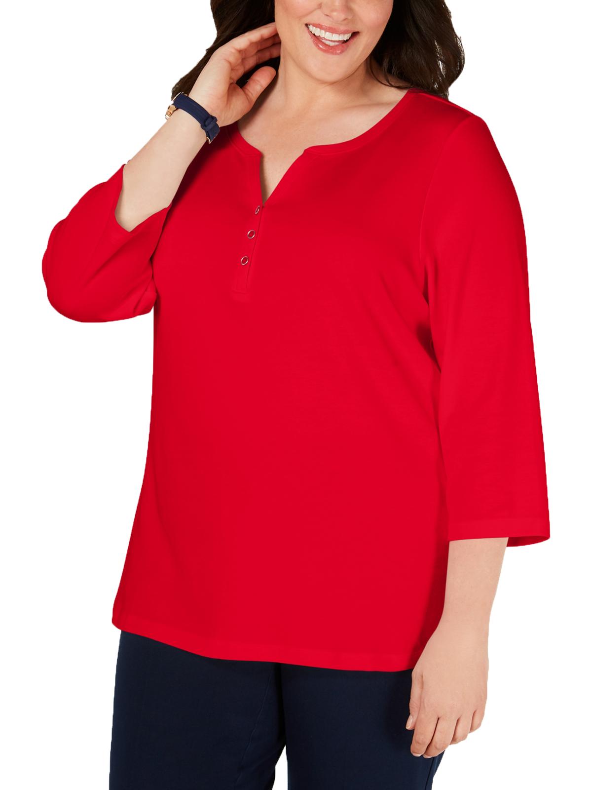 Karen Scott Top Henley Feminino Plus com Mescla e Gola V Vermelho Tamanho 0X