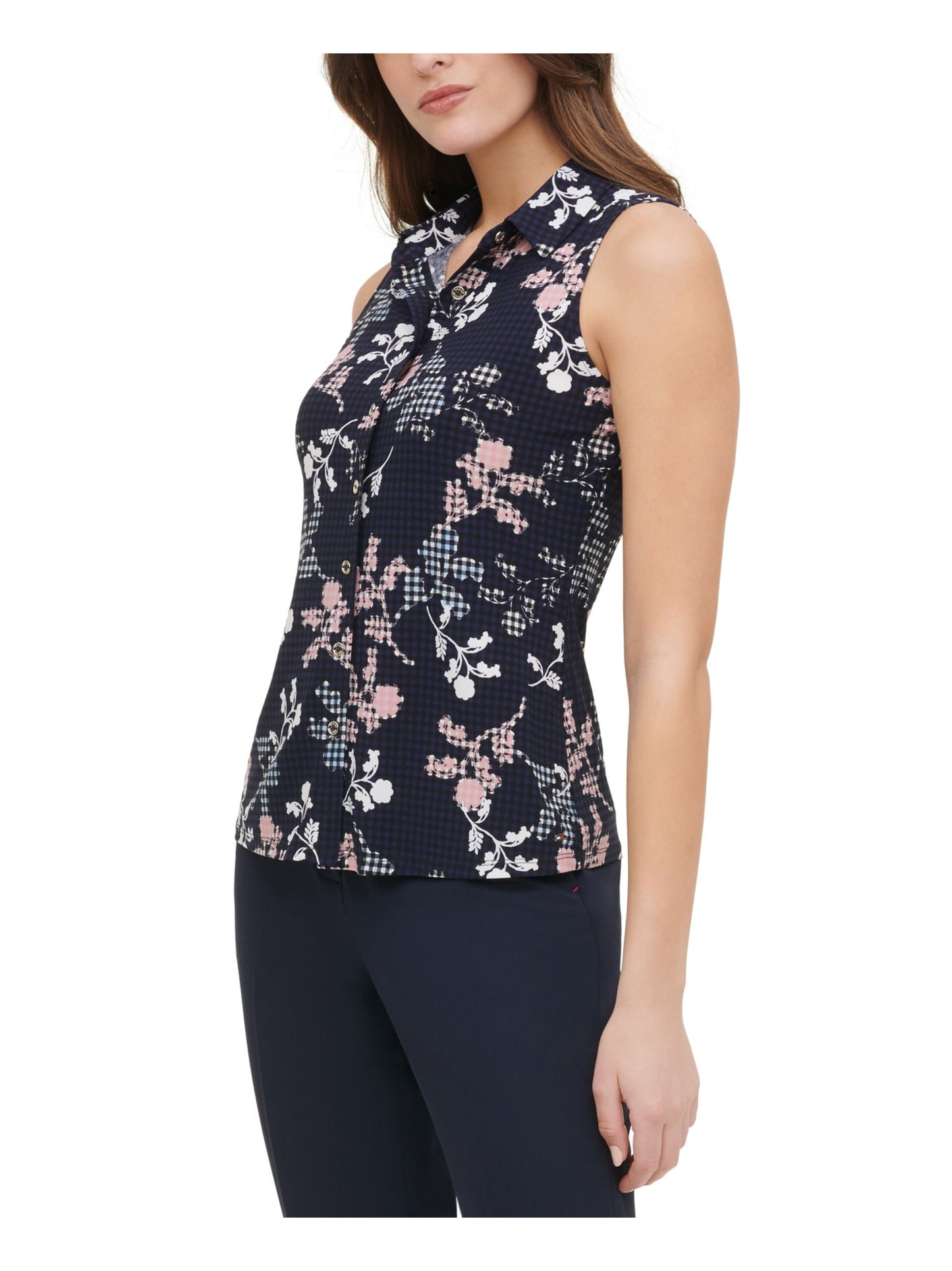 Tommy Hilfiger Blusa feminina com botões e estampa floral, sem mangas, preta, tamanho pequeno