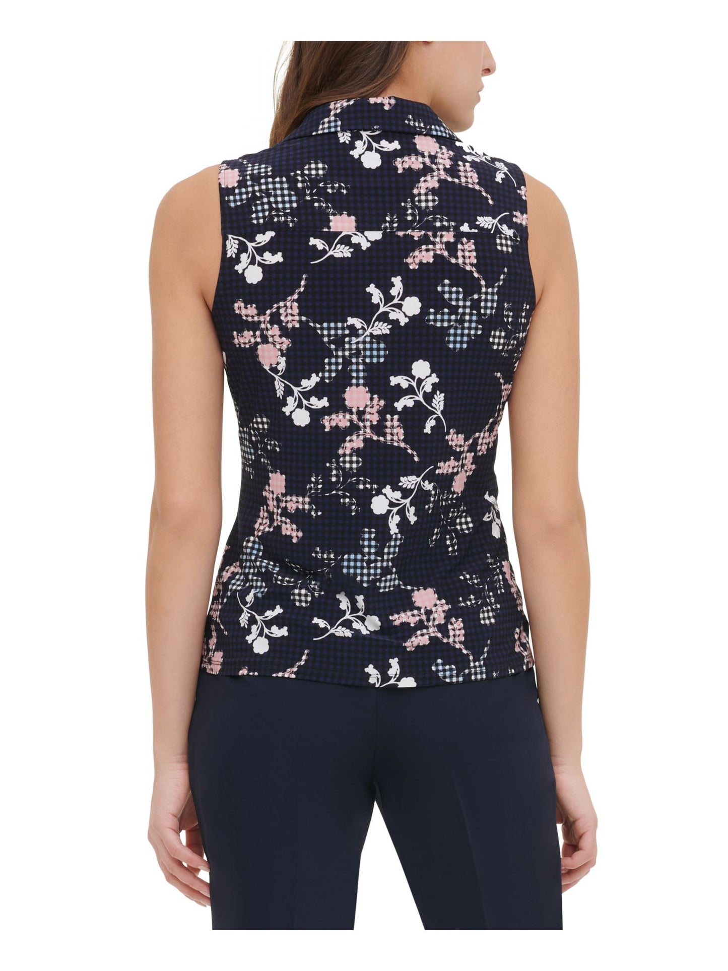 Tommy Hilfiger Blusa feminina com botões e estampa floral, sem mangas, preta, tamanho pequeno
