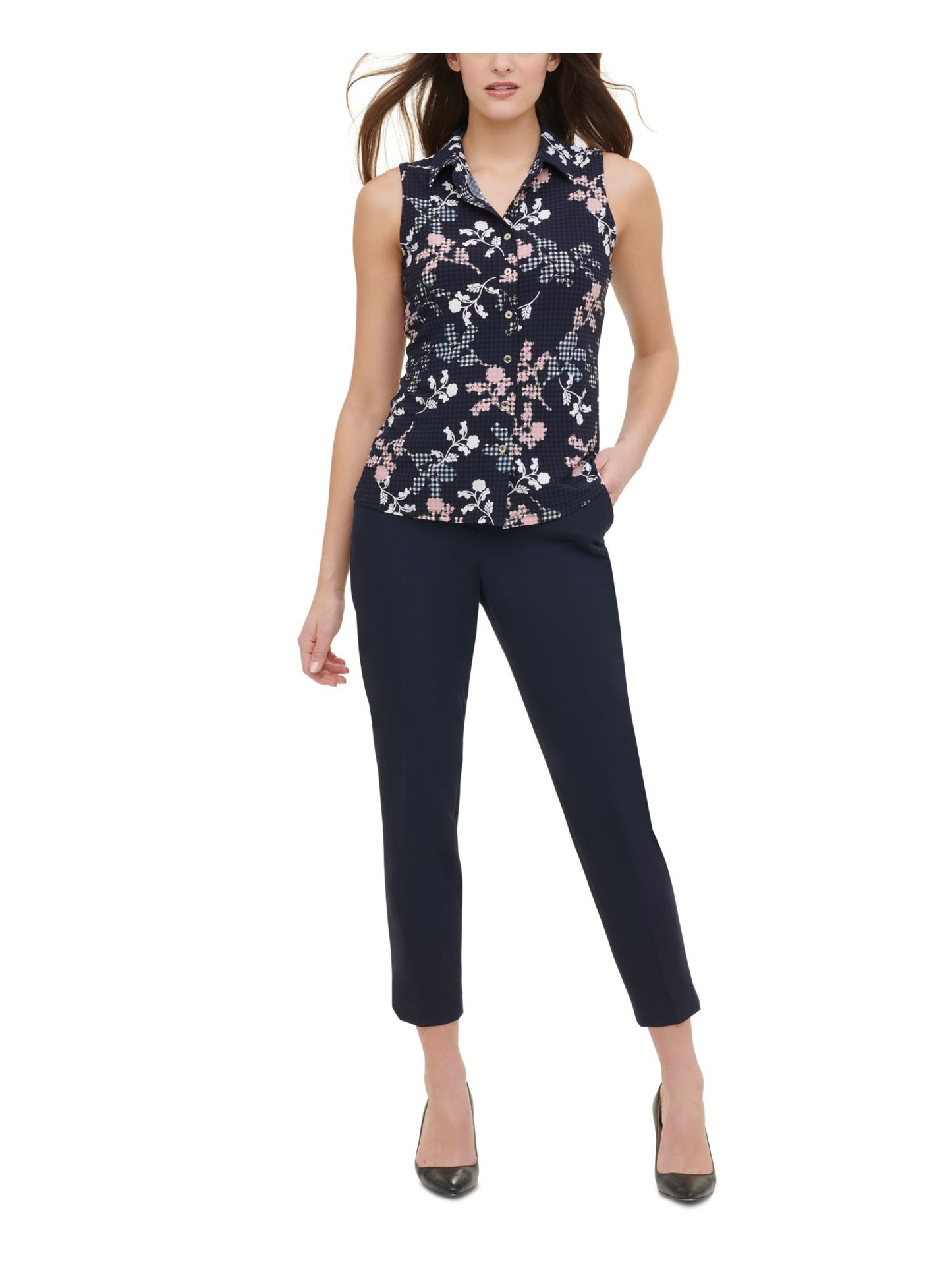 Tommy Hilfiger Blusa feminina com botões e estampa floral, sem mangas, preta, tamanho pequeno