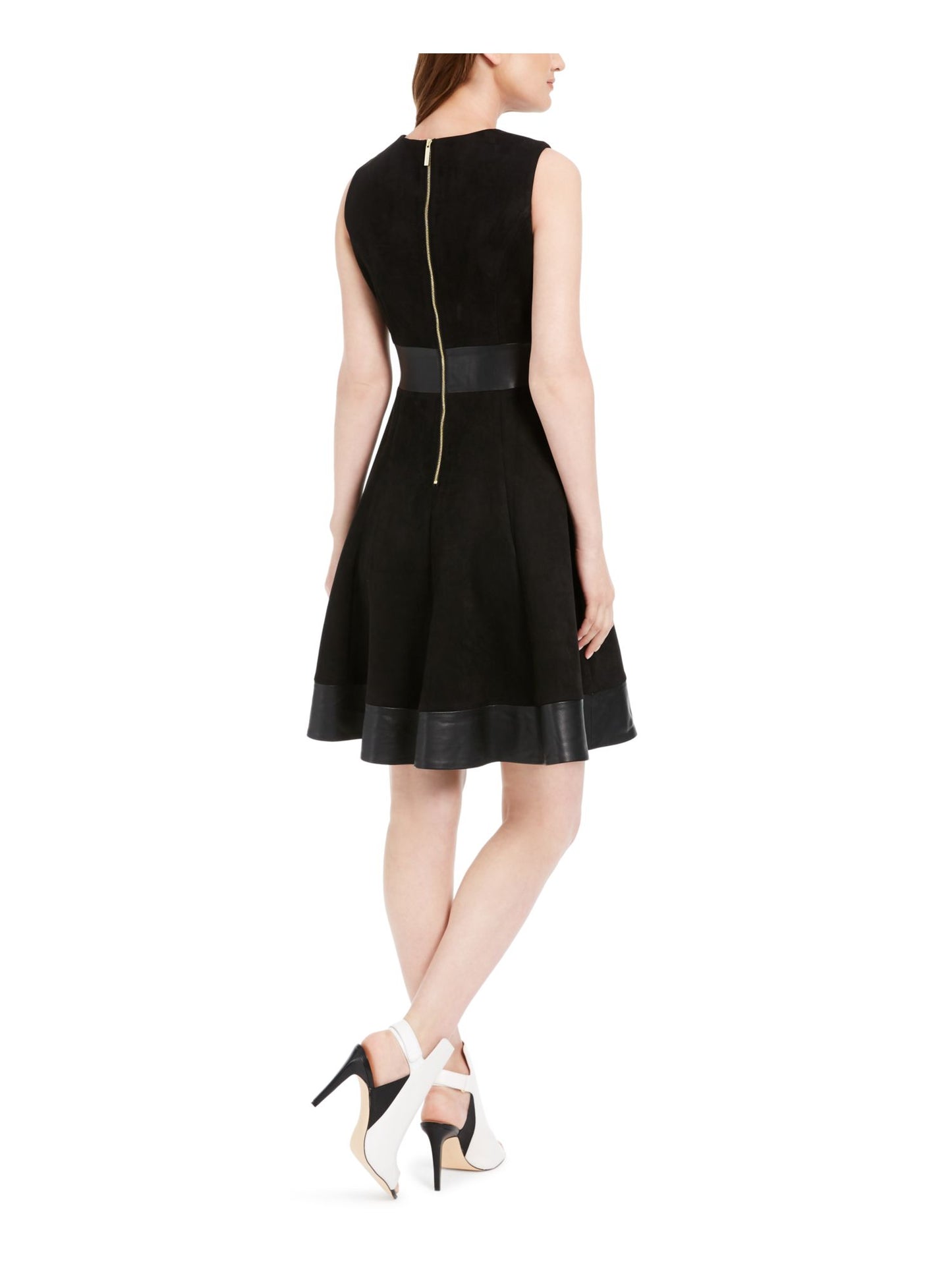 Vestido Calvin Klein Feminino Sem Mangas Gola Joia Acima do Joelho Ajuste Flare Para Usar no Trabalho Preto Tamanho 6 Petite