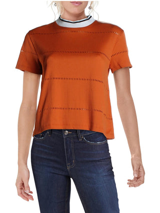 French Connection Feminino Jersey Texturizado Canelado Ladder Stitch Manga Curta Gola Redonda Top Curto Laranja Tamanho Grande