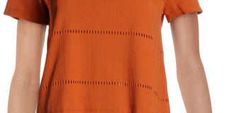 French Connection Feminino Jersey Texturizado Canelado Ladder Stitch Manga Curta Gola Redonda Top Curto Laranja Tamanho Grande