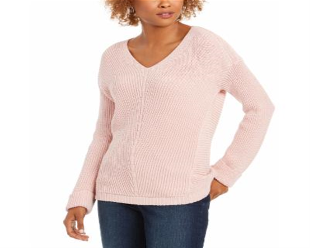 Suéter feminino de algodão texturizado com decote em V, tamanho X-S, rosa, Charter Club