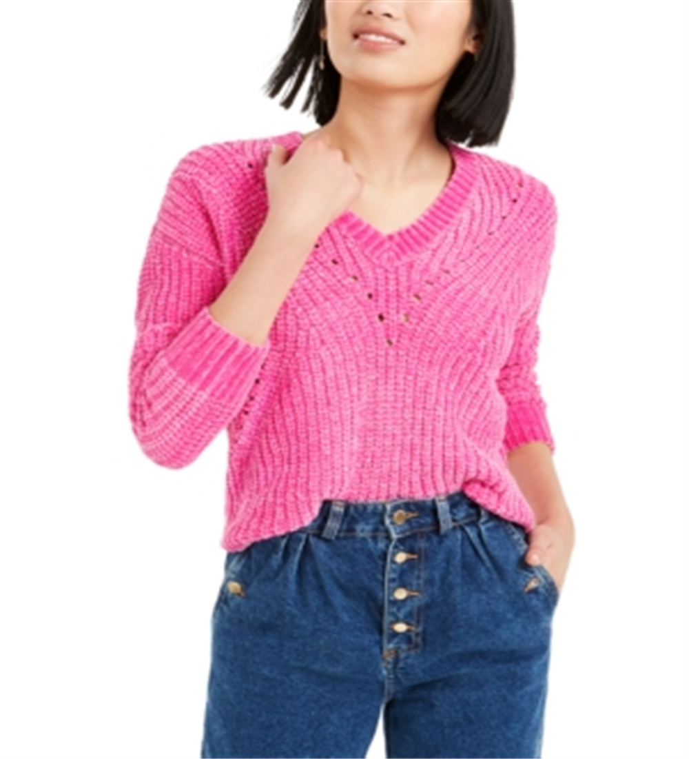 Suéter feminino Bar III em chenille com decote em V, rosa, tamanho XS