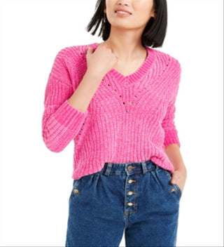 Suéter feminino Bar III em chenille com decote em V, rosa, tamanho XS