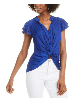 Current Air Women's Ruffled Short Sleeve V Neck Hi Lo Top Blue Size Medium
