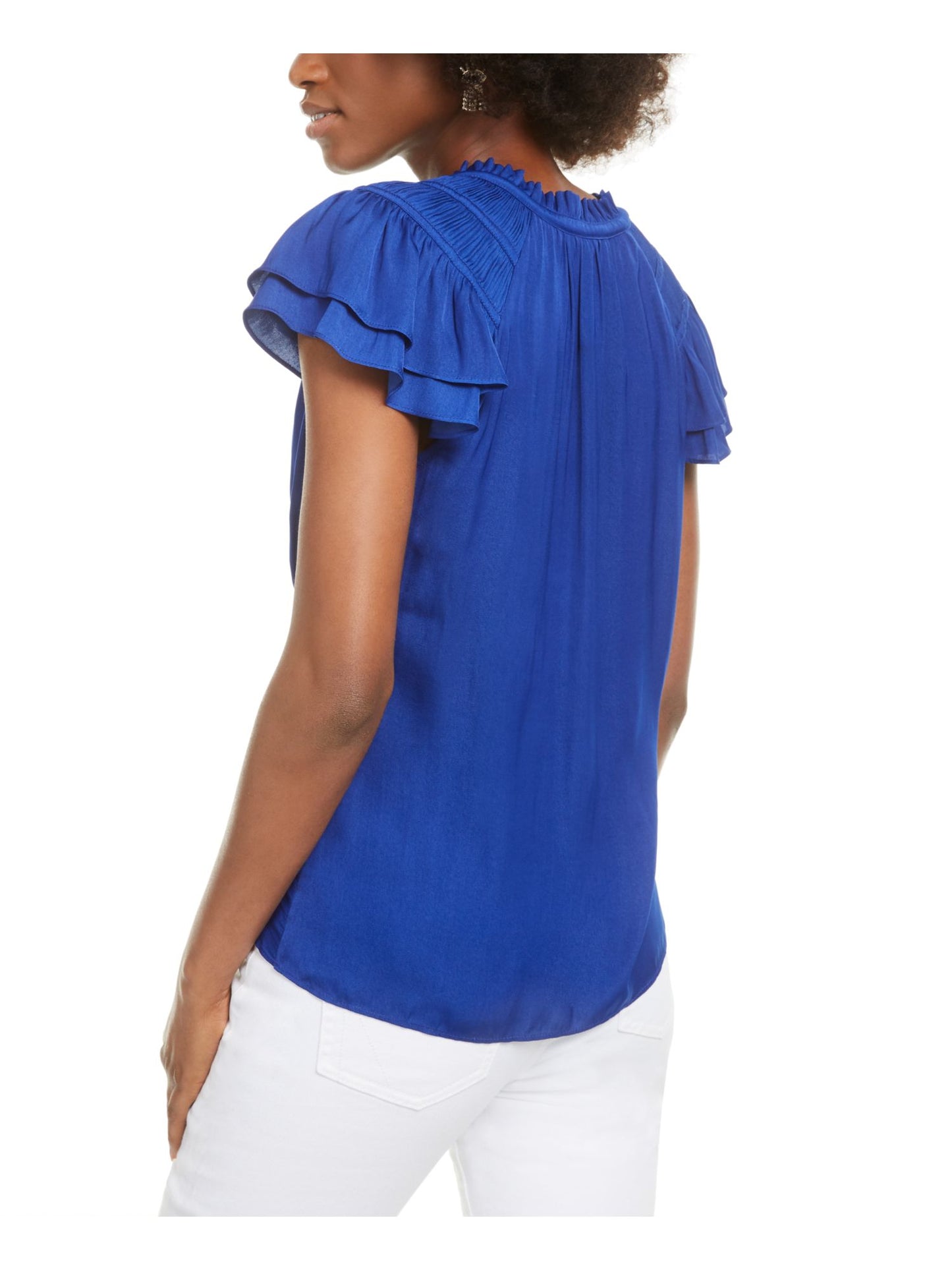 Blusa feminina Current Air com babados, manga curta, gola V, hi-lo, azul, tamanho médio