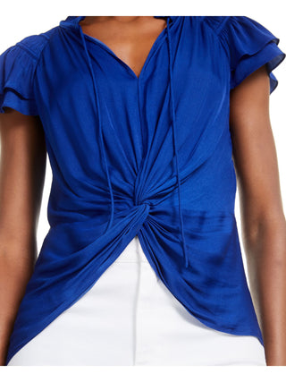 Current Air Women's Ruffled Short Sleeve V Neck Hi Lo Top Blue Size Medium