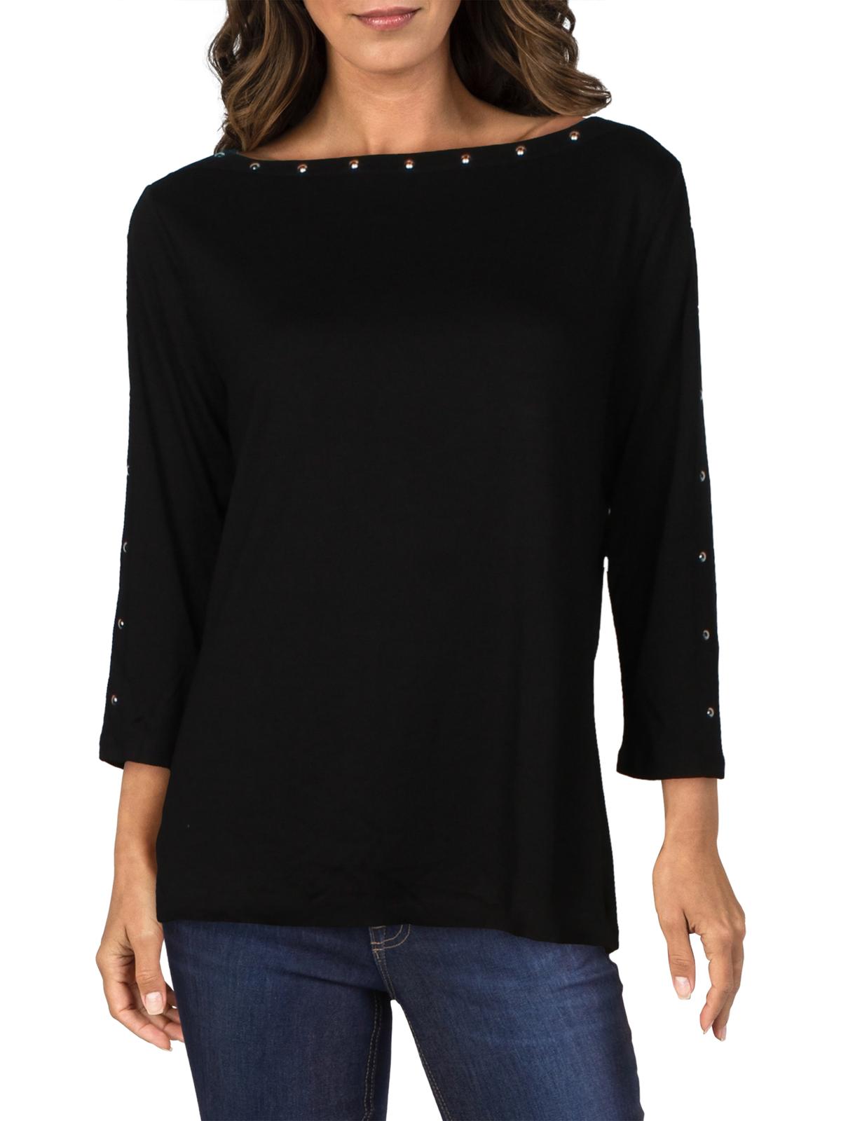 Karen Scott Top Feminino de Algodão com Decote Canoa e Tachas, Preto, Tamanho Grande