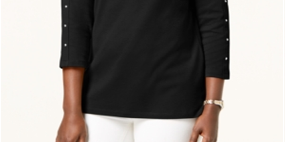 Karen Scott Top Feminino de Algodão com Decote Canoa e Tachas, Preto, Tamanho Grande