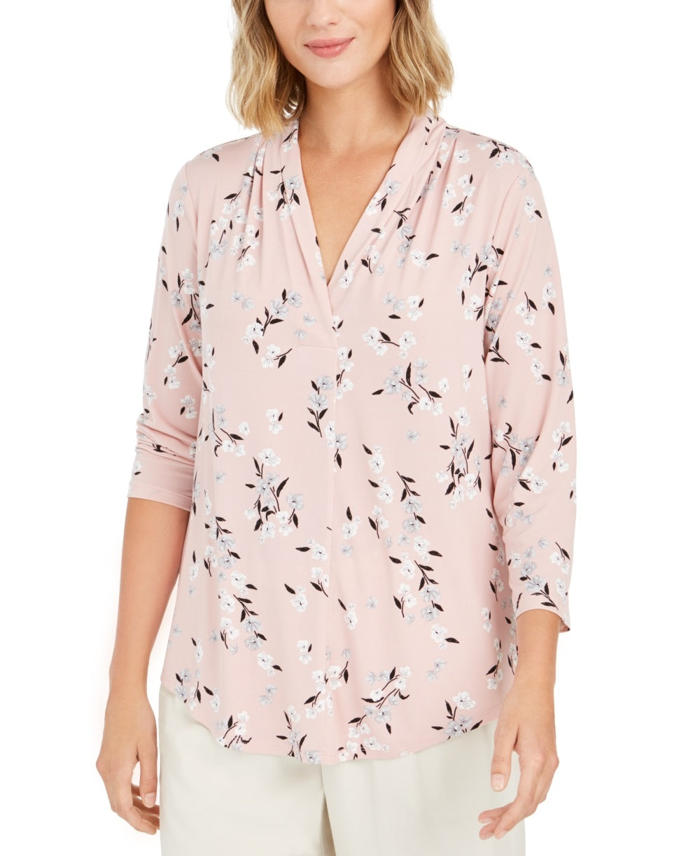 Blusa feminina floral com manga 3/4 e decote em V, tamanho pequeno e rosa, Charter Club