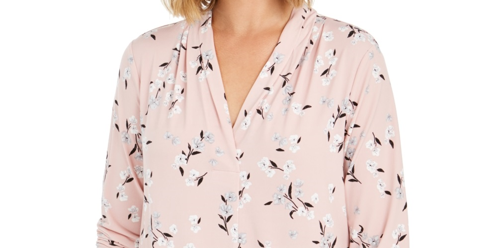Blusa feminina floral com manga 3/4 e decote em V, tamanho pequeno e rosa, Charter Club