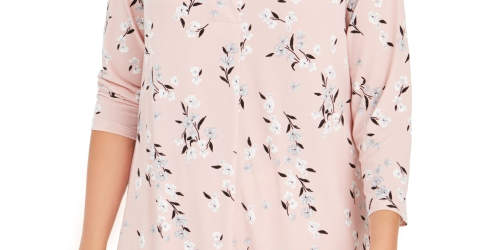Blusa feminina floral com manga 3/4 e decote em V, tamanho pequeno e rosa, Charter Club