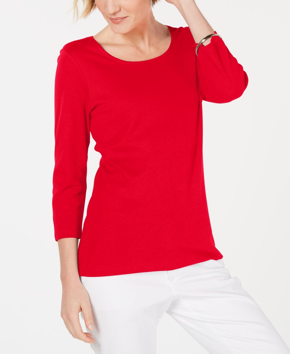 Karen Scott Blusa feminina de algodão com decote redondo, vermelha, tamanho pequeno e pequeno