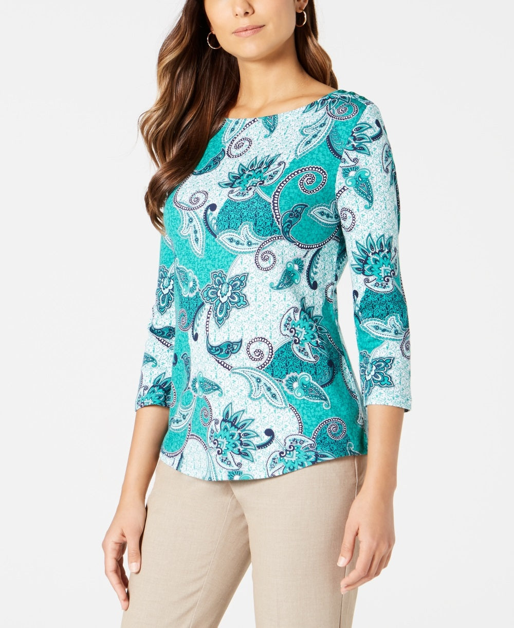 Camiseta feminina Charter Club de algodão estampada com manga 3/4, verde, tamanho médio