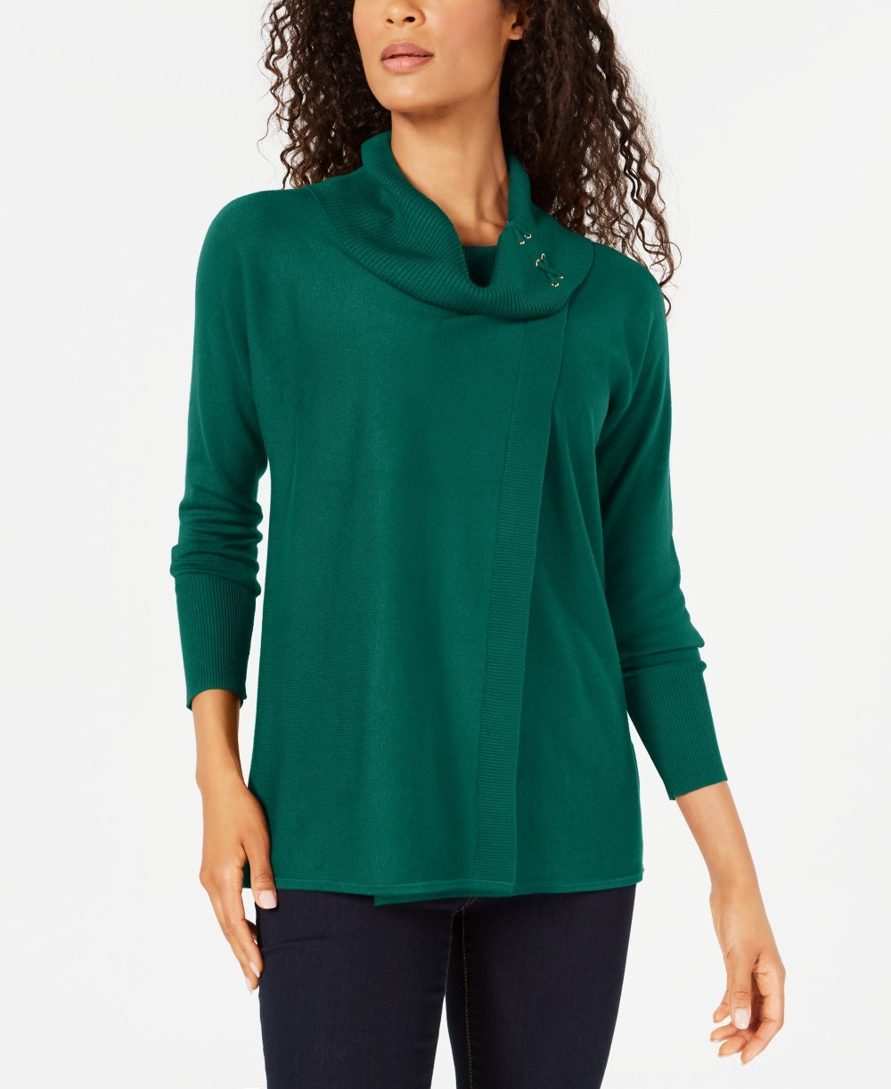 Suéter feminino JM Collection com gola alta e estampa de envelope falso, tamanho P, verde médio