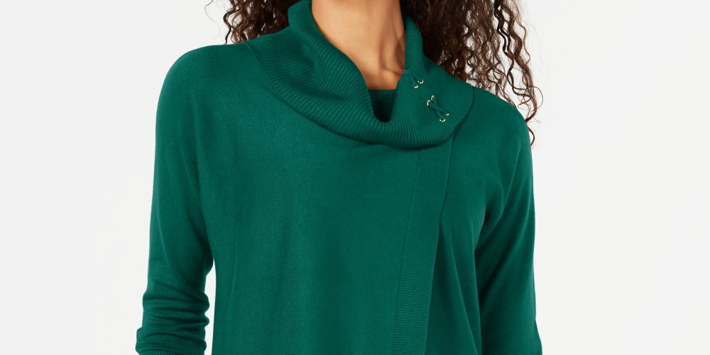 Suéter feminino JM Collection com gola alta e estampa de envelope falso, tamanho P, verde médio