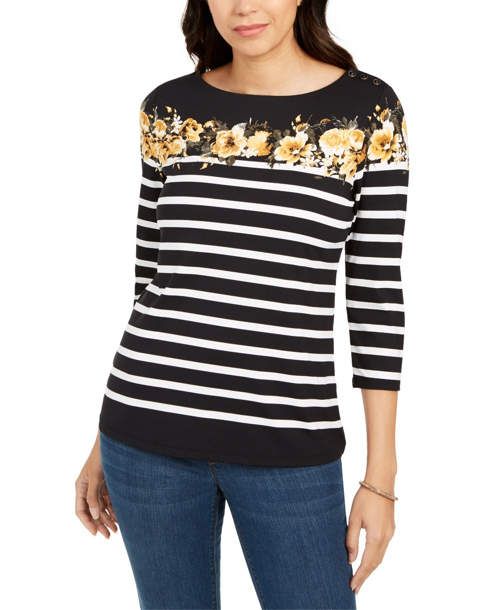 Blusa feminina listrada e estampada floral Charter Club, preta, tamanho X-S