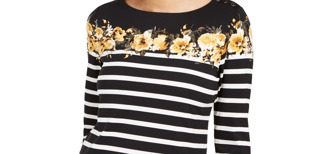 Blusa feminina listrada e estampada floral Charter Club, preta, tamanho X-S
