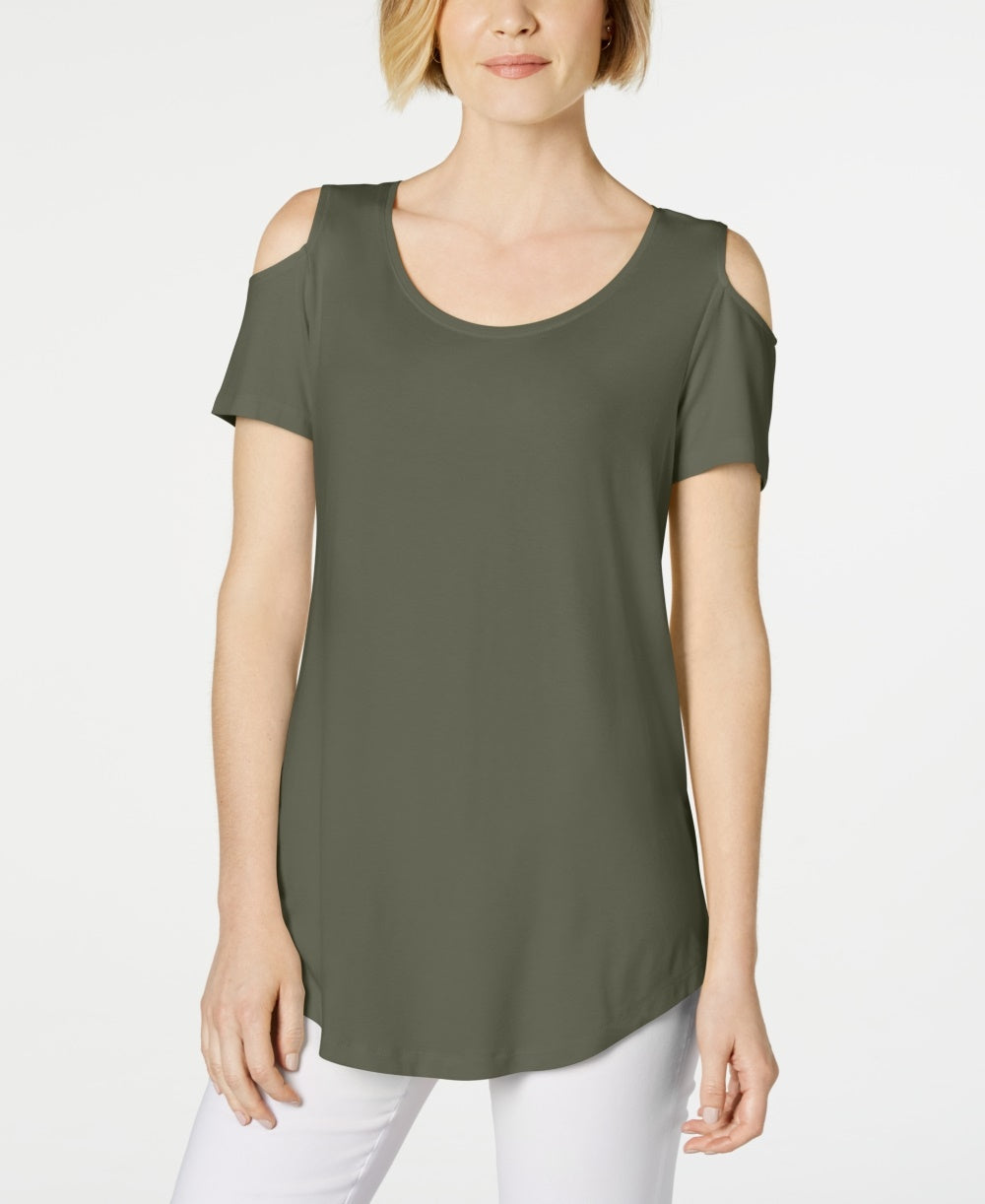 Camiseta feminina JM Collection com ombros descobertos e manga curta, verde, tamanho pequeno