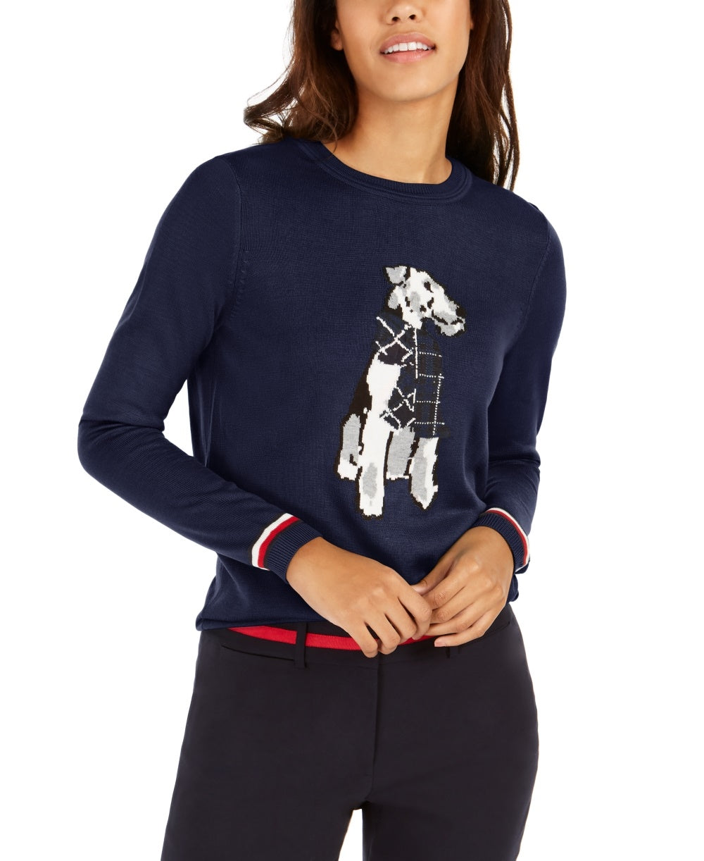 Suéter feminino Tommy Hilfiger Holiday Terrier azul tamanho médio