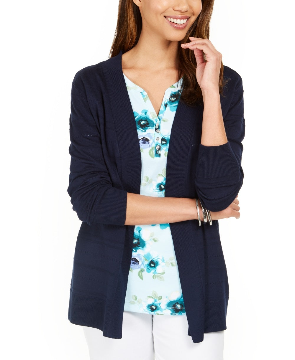 Karen Scott Cardigan Pointelle Aberto Frente Feminino Azul Tamanho P