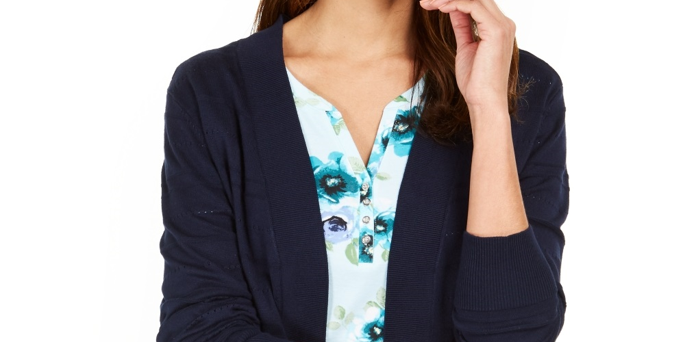 Karen Scott Cardigan Pointelle Aberto Frente Feminino Azul Tamanho P