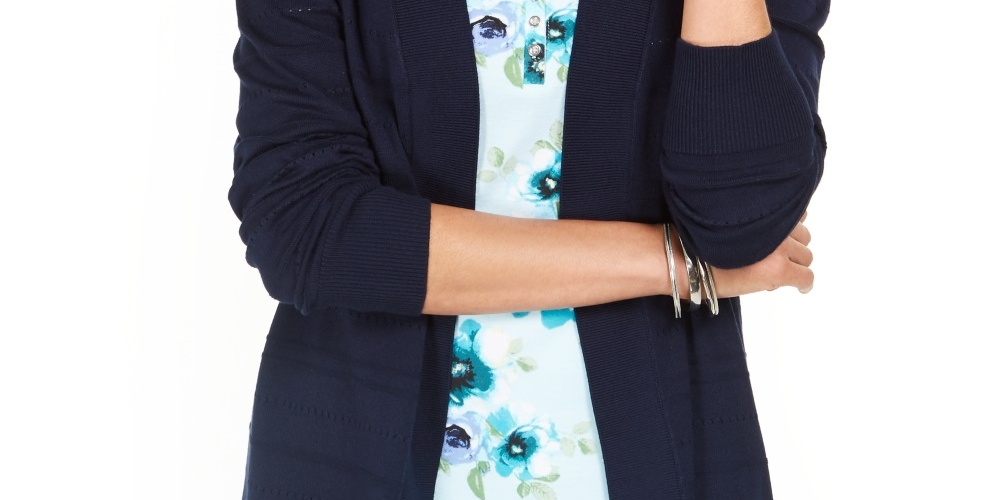 Karen Scott Cardigan Pointelle Aberto Frente Feminino Azul Tamanho P