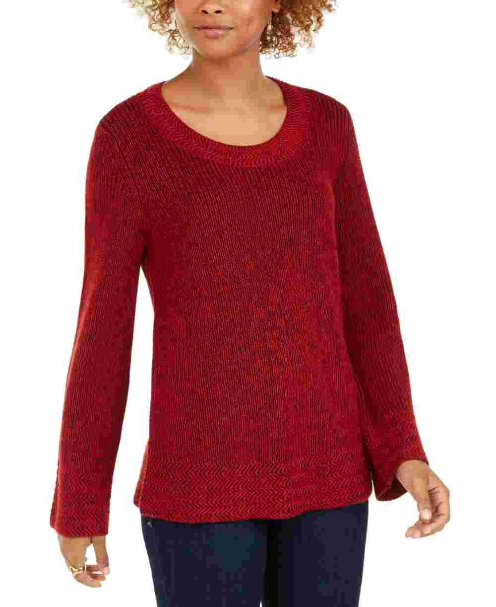 Camiseta feminina texturizada de malha estampada, manga comprida, gola redonda, suéter vermelho, tamanho pequeno pequeno