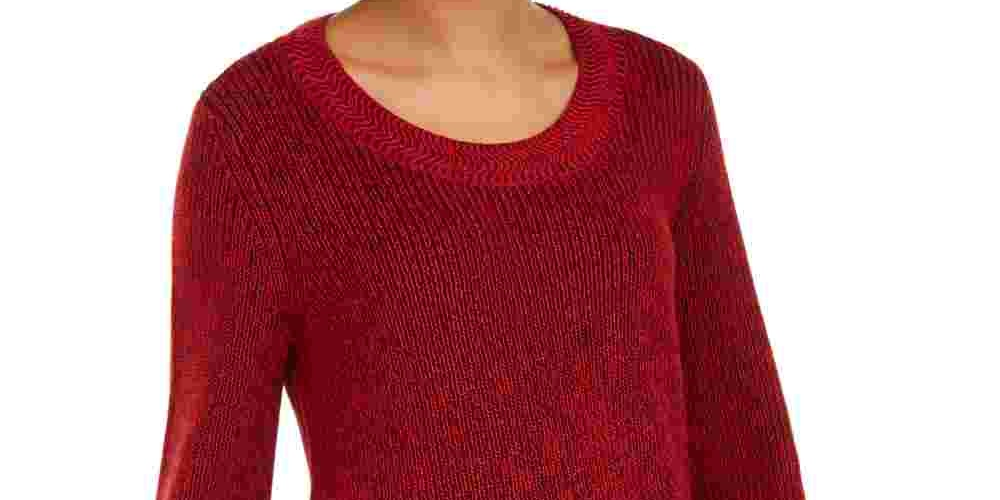 Camiseta feminina texturizada de malha estampada, manga comprida, gola redonda, suéter vermelho, tamanho pequeno pequeno