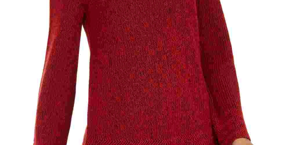 Camiseta feminina texturizada de malha estampada, manga comprida, gola redonda, suéter vermelho, tamanho pequeno pequeno