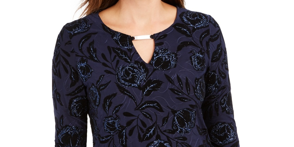 JM Collection Blusa feminina de veludo flocado com jacquard, azul-marinho, tamanho extrapequeno