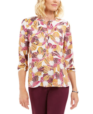 JM Collection Top feminino pequeno estampado com pregas nas costas, roxo PS
