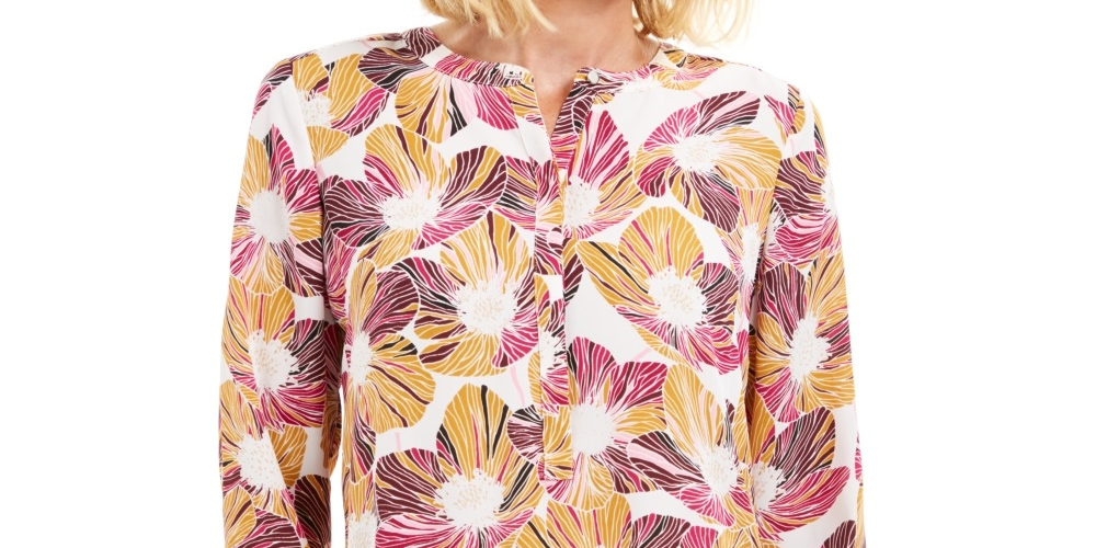JM Collection Top feminino pequeno estampado com pregas nas costas, roxo PS