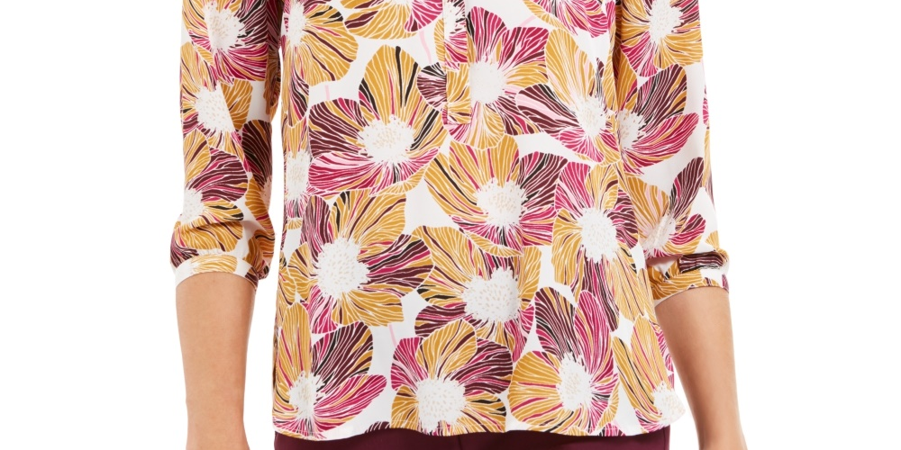 JM Collection Top feminino pequeno estampado com pregas nas costas, roxo PS